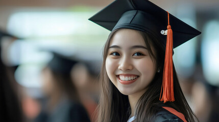 Happy Asian teenager student with mortarboard celebrating graduation at college, proud moment in a portrait, success and achievement as a female graduate in academic robe at the university, education