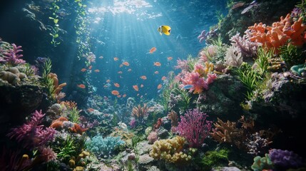 Immersive 3D Rendering of a Lively Coral Reef Ecosystem with Diverse Marine Life