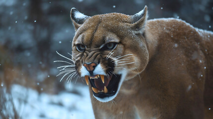 Angry puma in the snow, the wild cougar is a fierce predator of nature, closeup face of powerful carnivorous, a dangerous mammal thriving in winter wildlife as a dominant furious big wild cat roaring