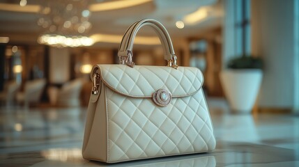 Beige luxury leather handbag. High class fashion item, emphasizing clean design and sophistication. Leather texture details.