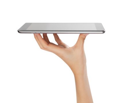 Hand holding the black digital tablet with mockup of blank screen on isolated white background.