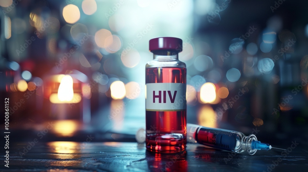 Poster a bottle of hiv medication sits on a table next to a syringe