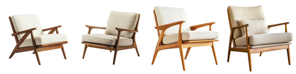 Collection of sleek and sophisticated mid century modern armchairs featuring wooden frames plush upholstery and clean lines perfect for creating cozy and inviting living spaces offices or studios