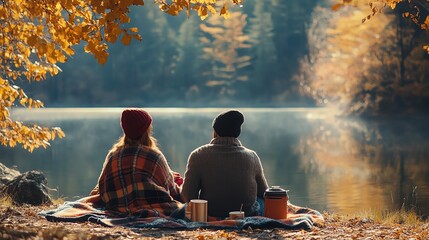 A couple sits by a lake in the fall, looking out at the water.
