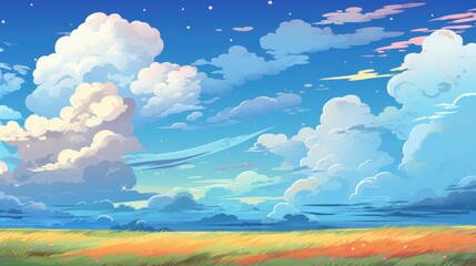 Fototapeta premium A Vibrant Blue Sky with Fluffy White Clouds Over a Grassy Field