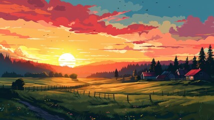 Fototapeta premium Sunset Over a Rural Village with a Forest and Houses