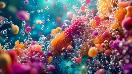 Fototapeta premium Microscopic Wonderland: Ultra-Realistic 3D Visualization of Colorful Aquatic Life Diversity in a Drop of Water