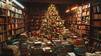 Obraz premium Christmas tree in a cozy library setting