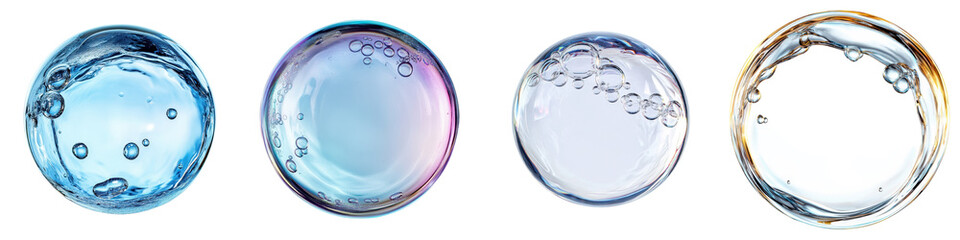 Closeup shot of vibrant transparent soap bubbles in a minimalist studio setting  The bubbles exhibit a range of colors and iridescent reflections creating a delicate ethereal