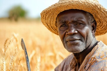 Fototapeta premium Portrait of an Elderly African Man in a Straw Hat, Standing in a Field of Wheat