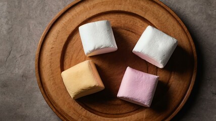 appetizing marshmallow on wooden plate flat lay background