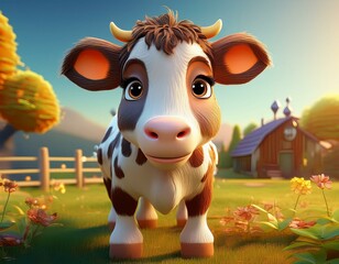 Cute Cartoon Cow Character on a Farm