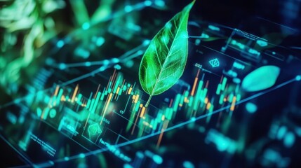Digital Visualization of ESG Impact Investing with Green Leaf and Financial Data Charts