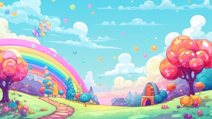 Cartoon Landscape with Rainbow, Candy Trees, and a Stone House