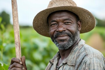 Fototapeta premium Close-up Portrait of a Smiling Farmer with a Straw Hat