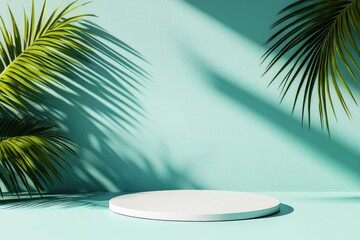 Obraz premium Vibrant Tropical Podium with Palm Leaves