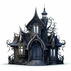 Scary house isolated on white background. Creepy mansion. Old bewitched abandoned building. Spooky dark Halloween manor