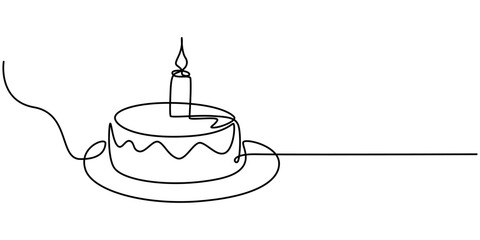Continuous Line Drawing of Happy Birthday Icon. Hand Drawn Symbol Vector Illustration, one continuous line drawing of birthday cake with pink cherry topping isolated on white background. 