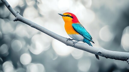 A small, colorful bird sits on a branch against a bokeh background.