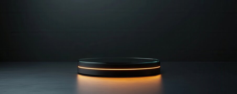 A sleek black display podium with a subtle orange glow, ideal for showcasing products or artwork in a modern setting.