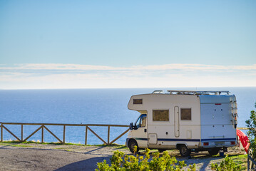 Caravan on cliff and sea view, Spain