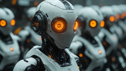 Fototapeta premium Futuristic robots with glowing eyes in precise formation