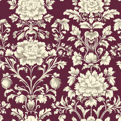 A luxurious Toile de Jouy seamless pattern in rich burgundy and cream with royal motifs