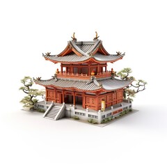Fototapeta premium A model of an Asian pagoda. Miniature building isolated on white background. Historical architecture. Buddhist temple