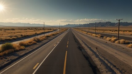 Empty highway through a vast desert landscape.