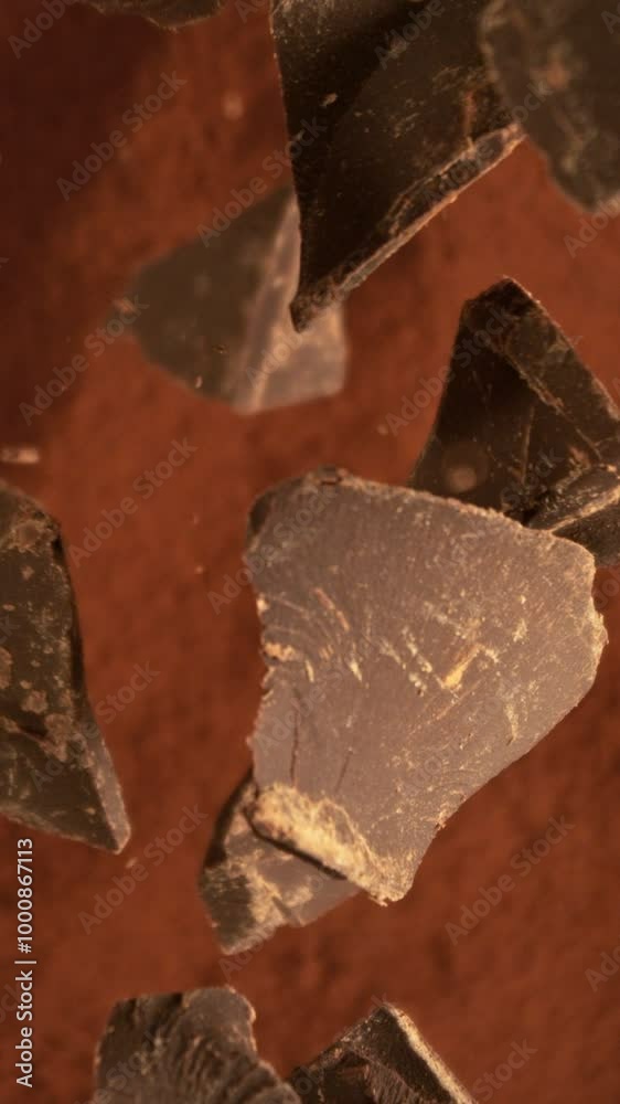 Poster super slow motion of falling group of chocolate pieces. falling down into cocoa powder. filmed on hi