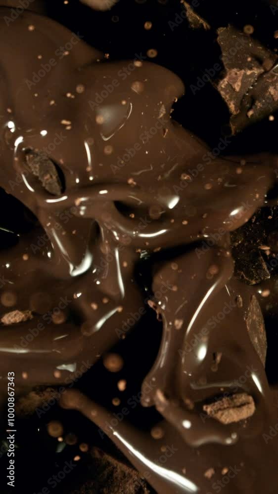 Poster Super Slow Motion of Falling Group of Chocolate Chunks. Moving Down and Splashing into Melted Chocolate. Filmed on High Speed Cinema Camera, 1000fps.