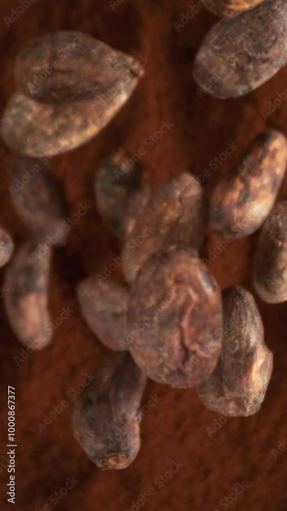 Poster Super Slow Motion of Falling Group of Cocoa Beans. Falling Down into Cocoa Powder. Filmed on High Speed Cinema Camera, 1000fps.
