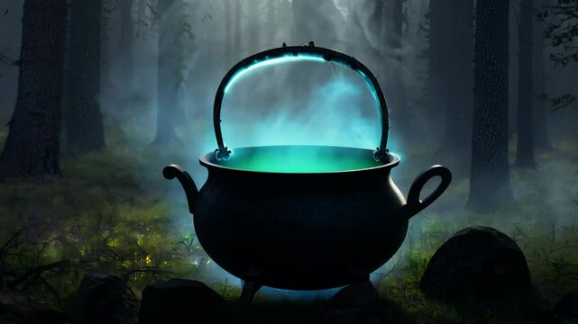 Static video of cauldron bubbling with potion during witch-themed event