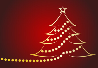 Felicitación de navidad y año nuevo con árbol de navidad dorado y bolas de navidad en trazo