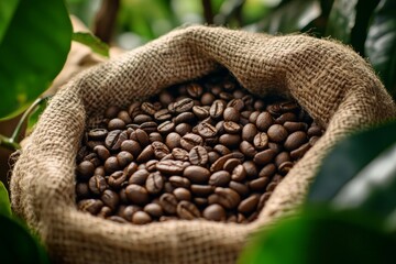 Fototapeta premium Freshly roasted coffee beans are resting in a burlap sack. This image showcases the natural beauty and aroma of coffee culture. Perfect for coffee lovers. Generative AI