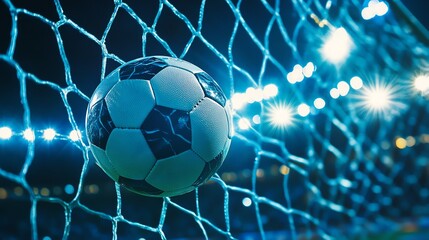 A soccer ball in the back of a goal net.