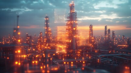 Carbon Capture Technology Showcased in Futuristic Industrial Landscape with Holographic Diagrams