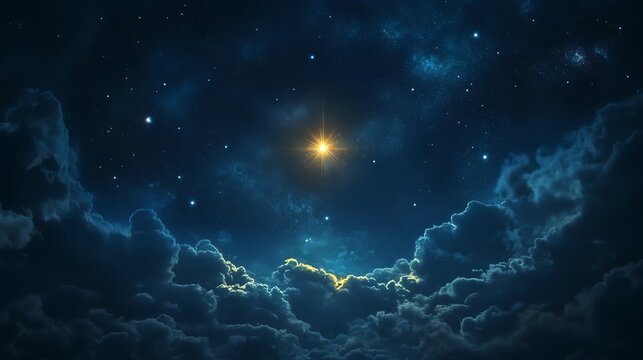 A bright star shines in a night sky filled with clouds and stars.