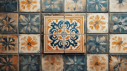 A patterned tile floor with a blue, yellow, orange and white design.
