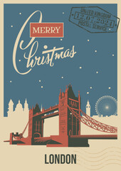 Fototapeta premium Merry Christmas Greeting Card Retro Style, London Landmarks, Tower Bridge, Cityscape, Snowfall. Vintage Postcard Style Illustration 