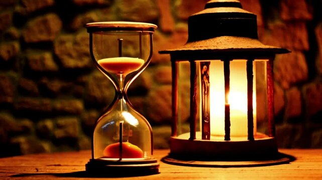 sand timer next to ancient lantern on wooden table , 4k short video