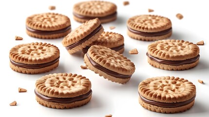 3D of Levitating Chocolate Wafer Biscuits on White Background