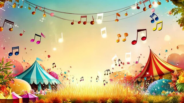 A whimsical scene with colorful tents and musical notes floating in the air suggests a joyous festival