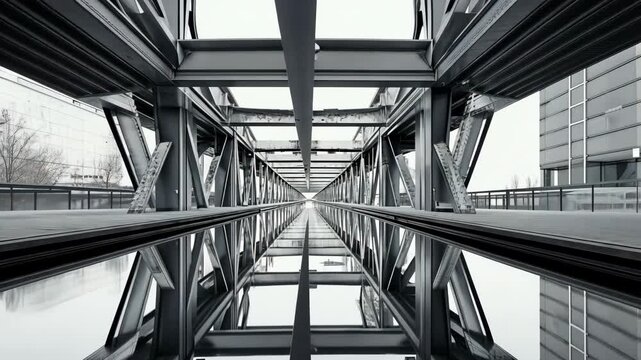 A black and white photograph of a steel bridge reflecting in the water below