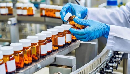 Pharmacist inspecting medicine bottles on production line