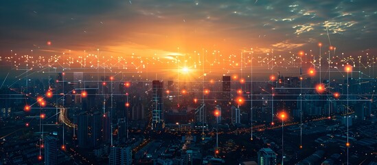 Fototapeta premium Aerial View of Glowing Smart City Skyline with Interconnected Technology Icons During Vibrant Sunset