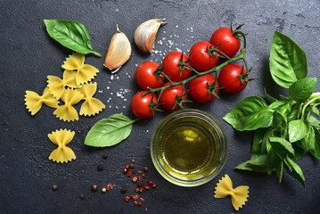 Culinary background with traditional ingredients of italian cuisine. Top view with copy space.