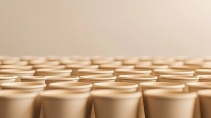 Fototapeta premium Stylish display of beige coffee cups arranged in rows, set against a neutral background for branding mockups.
