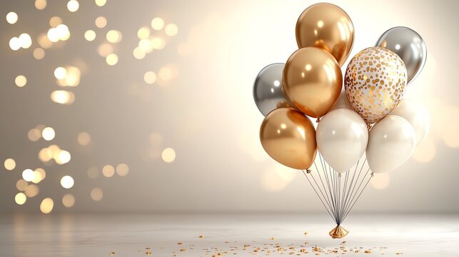 Silver and gold 2025 balloons floating in a vibrant celebration scene, glowing lights, 3D illustration