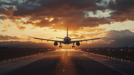 A plane is landing on a runway at sunset.